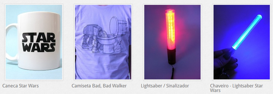 caneca, camiseta e lightsaber
